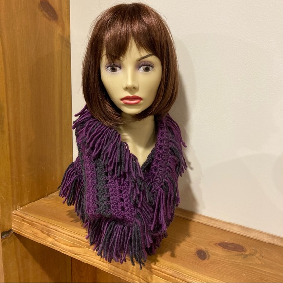Vibrant, Soft, Handmade purple and gray fringed cowl neck scarf . Boho style - Picture 2 of 6